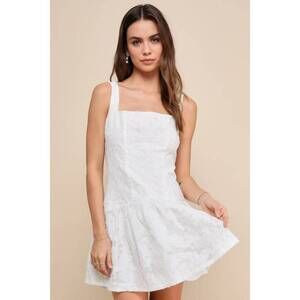 Lulus Exuberant Elegance White Jacquard Drop Waist Mini Dress - Size M